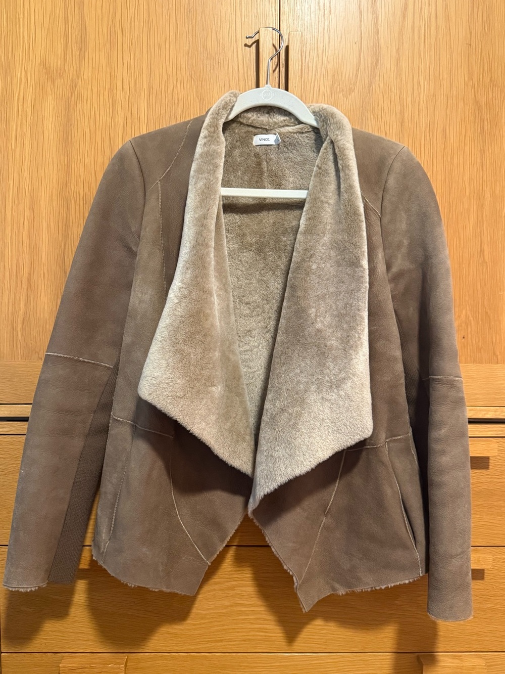 Vince Taupe/Brown Suede Shearling Open-Front Jacket